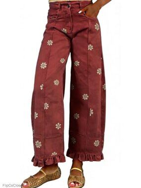 Floral Print Barrel Jeans Wide Leg Ankle Patchwork Ruffle Denim Pants